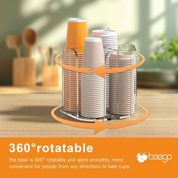 Beego Rotatable 4-Compartment Acrylic Cup Dispenser - Coffee Station Cup and Lid Carousel Countertop Plastic Cup Holder for Restaurant Breakroom Coffee Bar - Image 7