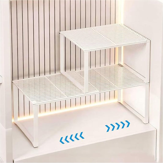 Extendable Metal Wire Shelf Organizer - Adjustable 15-24.4in Length, Stackable Storage Rack for Kitchen/Pantry/Bathroom/Shoe Cabinet/Tool Closet (2, White) by HGZBS