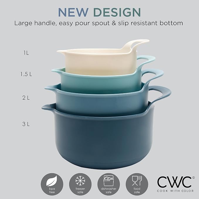 COOK WITH COLOR Nesting Plastic Mixing Bowl Set with Pour Spouts and Handles, Blue, 4 Piece Non-Slip - Image 7