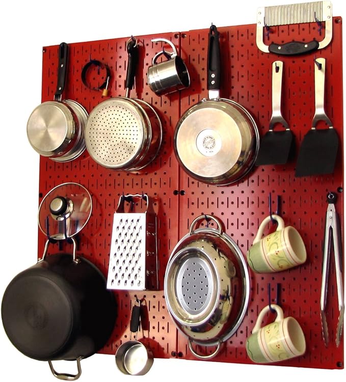 Wall Control Kitchen Pegboard Organizer Pots and Pans Storage Rack Organization Kit with Red Pegboard and Blue Accessories by Wall+Control