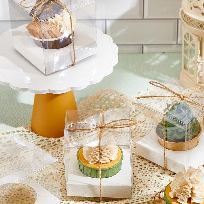 96 Pieces Individual Cupcake Boxes Single Cupcake Container Clear Cupcake Carrier Plastic Cupcake Storage Cupcake Holder with Ribbon and Insert for Wedding Birthday Party Favor, 3.5 x 3.5 x 3.5(White) - Image 5