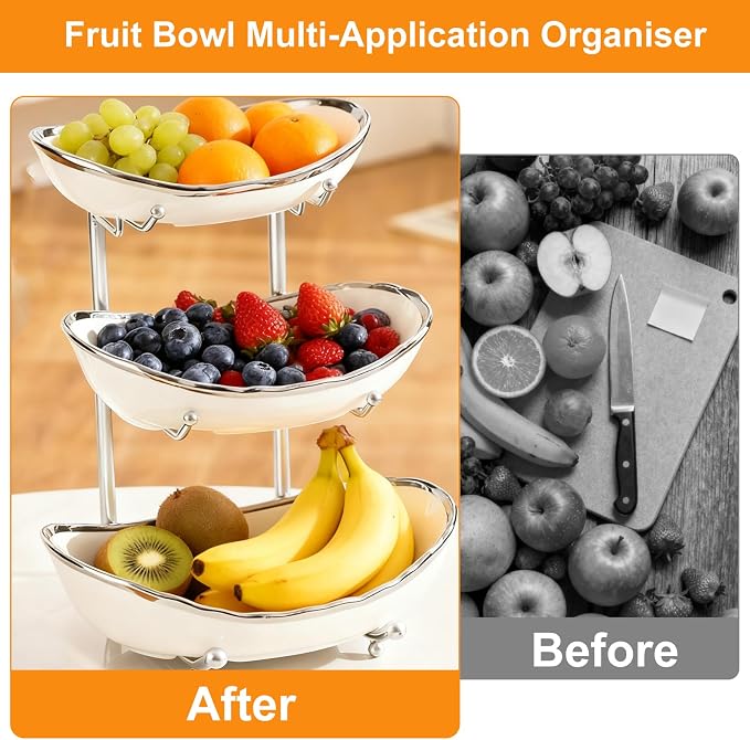 3 Tier Fruit Bowl for Kitchen Counter,Ceramic Bowl with Metal Stand,3 Tier Fruit Basket for Vegetable Bread Candy Snack Nuts Dessert Cake Tray (White Bowl Silver Rack) - Image 5