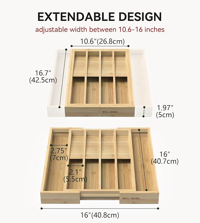 Expandable Silverware Drawer Organizer for Utensil,Bamboo 10 Slot | 10.6”-16" Wx16.7”Dx1.97”H, Vertical Storage, Kitchen Cutlery Tray Dividers for Spoons Forks Knives - Image 2