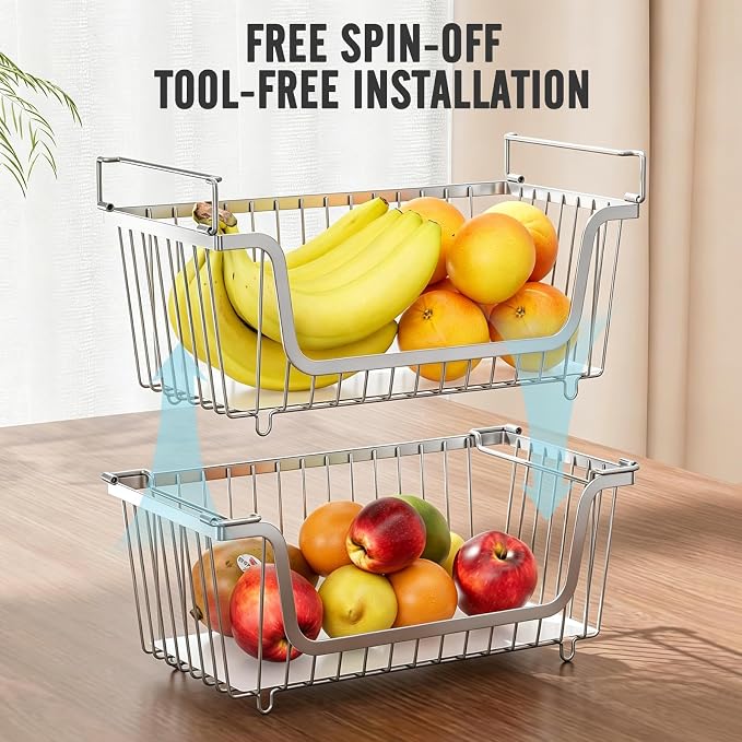 4 Pcs Stackable Wire Baskets for Pantry Organizers and Storage,silver | Vegetable Fruit Basket for Countertop,Kitchen Storage Metal Baskets,Produce Potato Onion Storage Bin, - Image 4