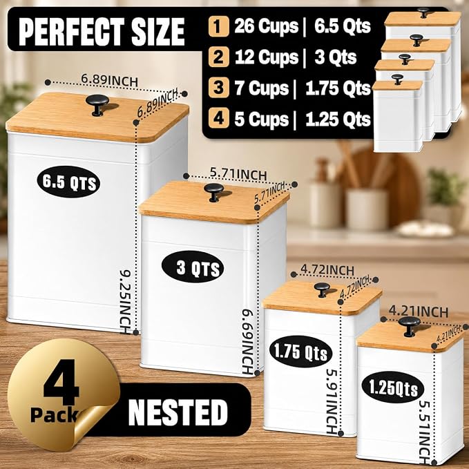 Kitchen Canister Set of 4, White Airtight Metal Flour Sugar Containers | 4 Practical Capacities, Flat Bamboo Lids, Wide Openings, Reusable Chalkboard Labels & Marker, Countertop and Pantry Organized - Image 2