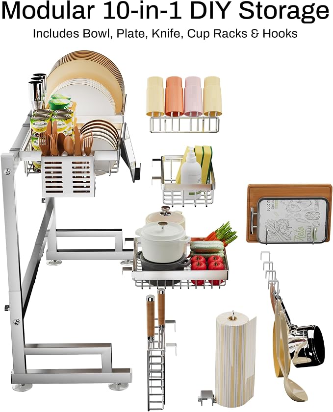 ADBIU Luxurious 304 Stainless Steel Over Sink Dish Drying Rack (Suitable for Sink Length 24.6"- 36.2") Snap-On Design 2 Tier Large Kitchen Dish Rack Stainless Steel Counter Organization and Storage - Image 5