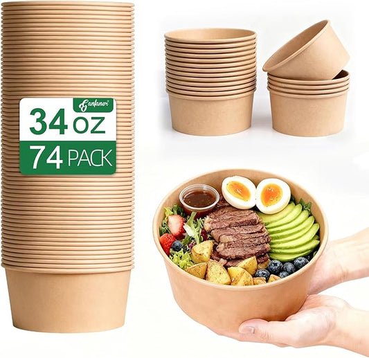 34 oz Disposable Paper Bowls Round [No Lid] 74PK, Microwave Serving Deli Containers, Salad Dressing Container for Lunch, Sturdy for Soup Toppings Snack Camping Family by GanfanerEcoPackHomeKitchen