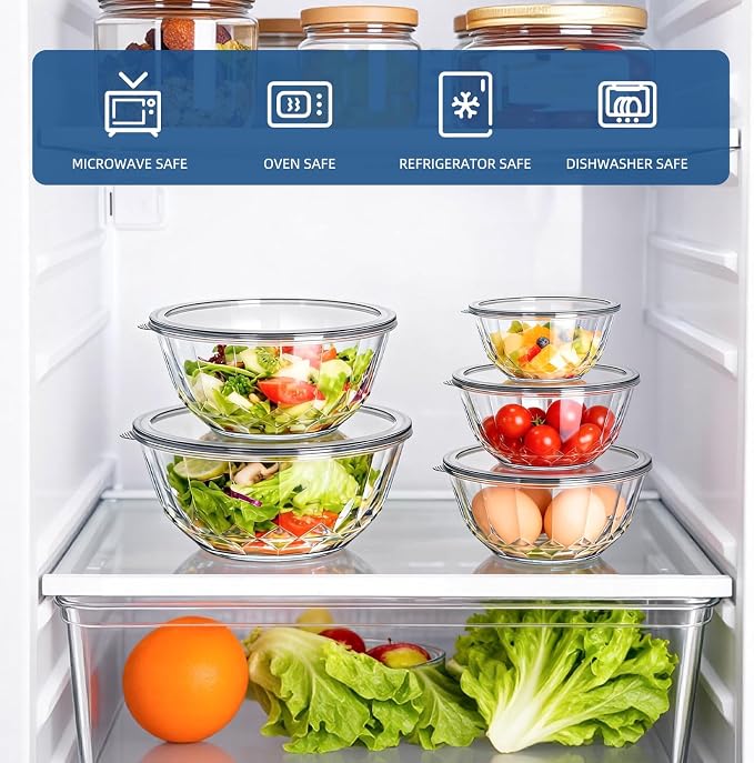 Luvan 5-Piece Glass Mixing Bowls Set with Lids - Clear Salad Bowls with Lids Set, Diamond Pattern Large Glass Mixing Bowl for Baking Prep, Serving & Storage - Image 8