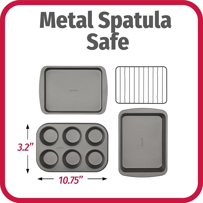 GoodCook 4-Piece Nonstick Steel Toaster Oven Set with Sheet Pan, Rack, Cake Pan, and Muffin Pan, Gray, 4-Piece Set Distributes Heat Evenly, Nonstick Coating, Dishwasher-Safe - Image 5
