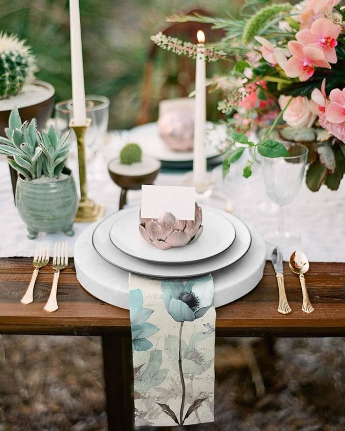 Teal Tulip Cloth Napkins Set of 8, Rustic Farmhouse Floral Cocktail Cloth Napkins 20 x 20 Inch, Elegant Flower Vintage Brown Washable Reusable Dinner Table Napkins for Wedding Holiday Party - Image 5