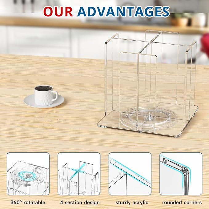 KOTEMON Cup and Lid Holder, 4 Compartment, Square | Rotating Coffee Cup Dispenser Lid Carousel for Restaurant, Buffet, Coffee Station, Bar, Countertop, Clear Acrylic - Image 6