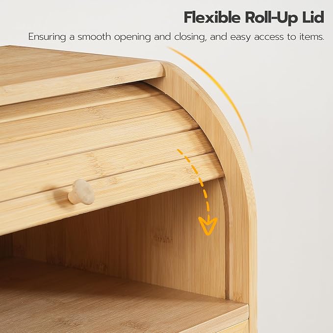 HOOBRO Bread Box, Bamboo Bread Box for Kitchen Countertop, 2 Tier Roll-Top Bread Bin, Food Storage Box, Large Capacity Keeper, Wooden Storage Cabinet, for Kitchen, Dining Room, Natural YL13MB01 - Image 5