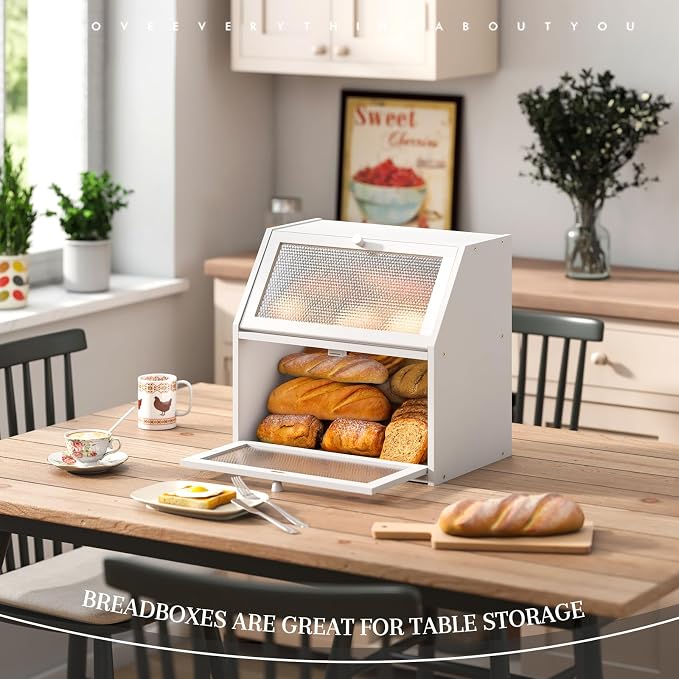 STDDRE Bread Box for Kitchen Countertop Bin Double Layer Bread Box Storage Container Extra Large Capacity with Diamond Pattern Windows (White, Extra Large) - Image 5