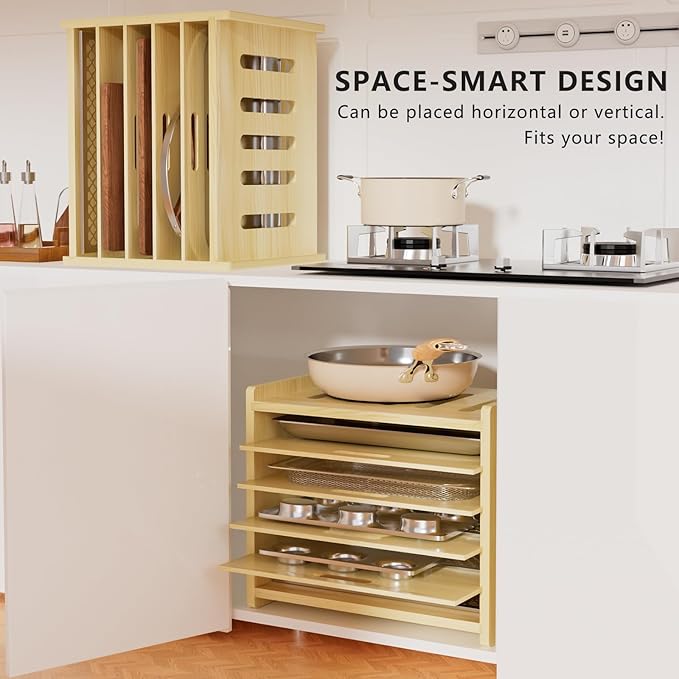 6 Tier Wooden Tray Dividers for Cabinets | Baking Cookie Sheet Organizer, Vertical/Horizontal Cabinet Dividers for Pots, Cutting Board, Kitchen Organizers and Storage - Image 6
