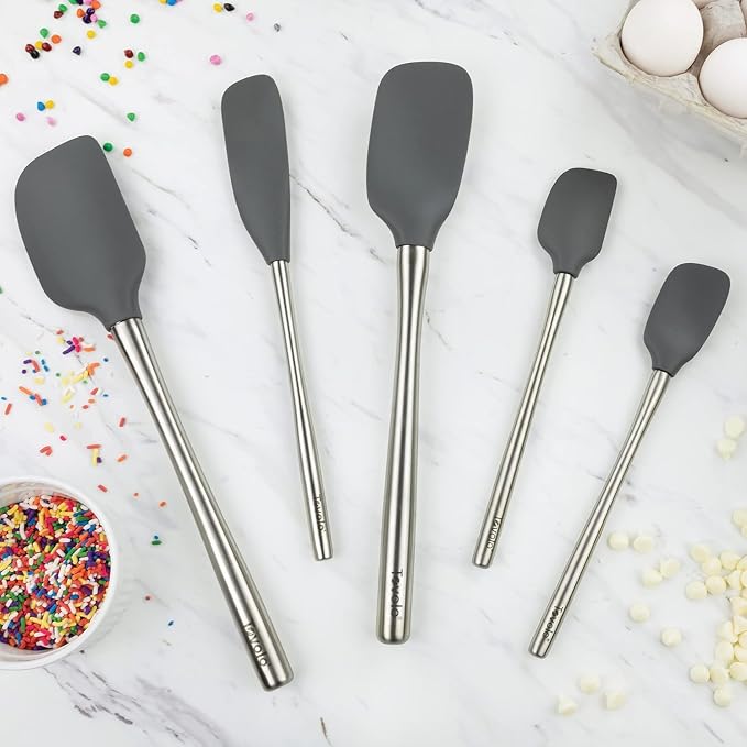 Tovolo Stainless Steel Handled Silicone Spatula Set of 5 Charcoal Gray, Dishwasher Safe Kitchen Spatula Set for Cooking Baking, Non Toxic BPA Free Silicone Spatula set with Metal Steel Handle - Image 2