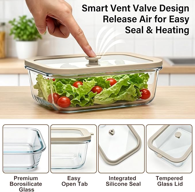 50 oz Glass Food Storage Containers with Glass Lids, 2 Pack | Non Toxic Meal Prep Containers, Airtight Glass Lunch Containers for Fruits, Vegetables, Microwave, Dishwasher - Image 3