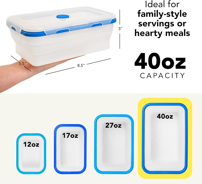 Collapsible Food Storage Containers, 3 Piece, 40 oz | Silicone, Airtight Lids, Space-Saving, Reusable Meal Prep, Microwave, Freezer & Dishwasher Safe - Image 2