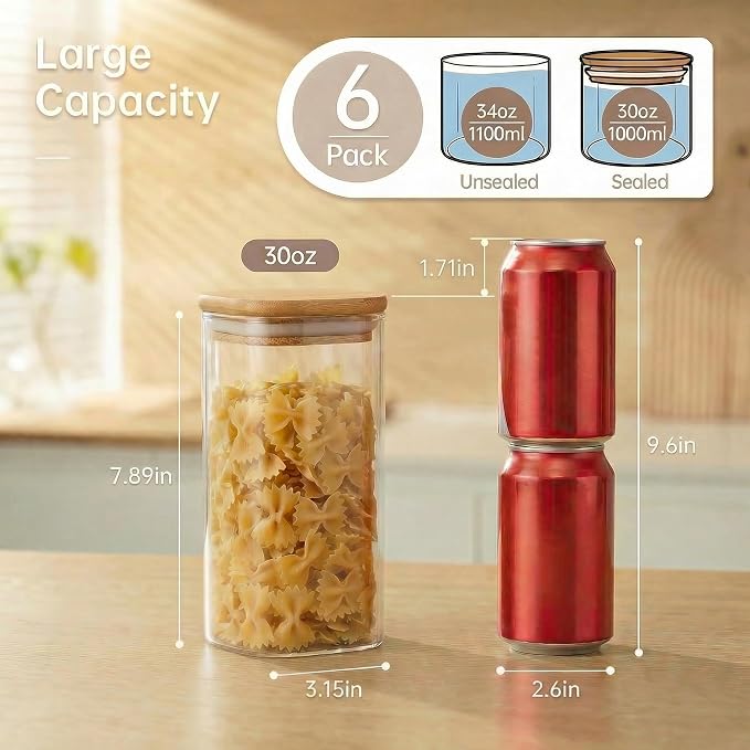 HomArtist Square Glass Jars with Bamboo Lids 30 FL OZ [Set of 6], Glass Canisters with Airtight Lid, Glass Food Storage Container for Pasta, Flour, Sugar, Rice, Best for Kitchen & Pantry - Image 3