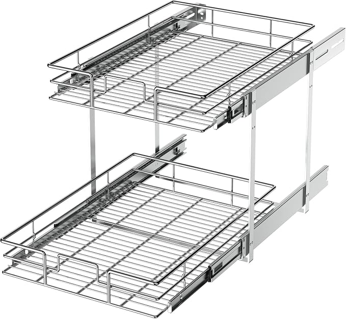LOVMOR 2 Tier Individual Pull Out Cabinet Organizer 10½" W x 21½" D, Slide Out Kitchen Cabinet Storage Sliding Shelves by LOVMOR