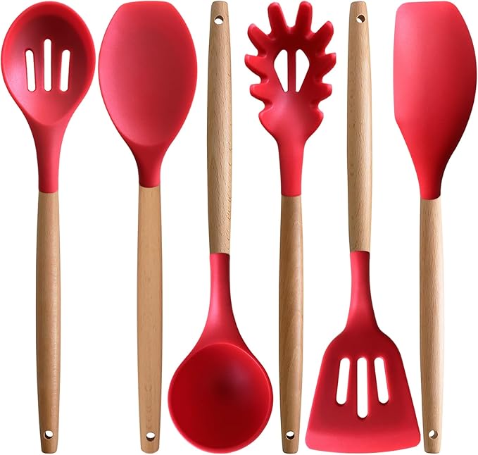 Kitchen Cooking Utensils Set 6Pcs Heat Resistant Silicone Kitchen Utensils Spatula Spoon Turner Ladle w Wooden Handle, BPA FREE Silicone Cooking Tool Gadget Set for Nonstick Cookware & Baking by IOCBYHZ
