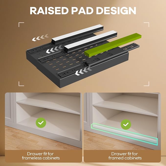 Seinloes 4 Pack Pull Out Cabinet Organizer 21" Deep with Raising Pad for Framed Cabinets, Expandable (9"-14" W) Slide Out Drawers for Kitchen Cabinets with 4pcs Divider Racks, Roll Out Shelves, Black - Image 2