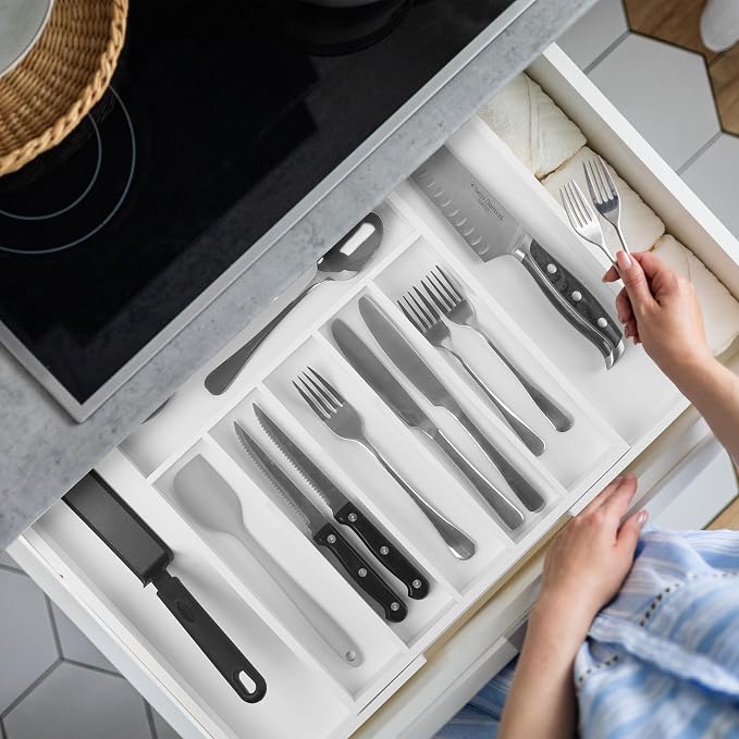 Large Premium Bamboo Silverware Organizer - Expandable Drawer Organizer & Utensil Organizer - 17"x19.7" Cutlery Tray with Dividers for Kitchen Utensils and Flatware (7-9 Slots) (White) - Image 9