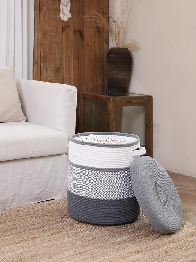 16" x 16" x 18" Extra Large Storage Basket with Lid, Cotton Rope Storage Baskets, Laundry Hamper, Cloth Bin, for Clothes Towels Blankets Pillows Storage in Living Room, White/Grey Mix/Dark Grey - Image 5