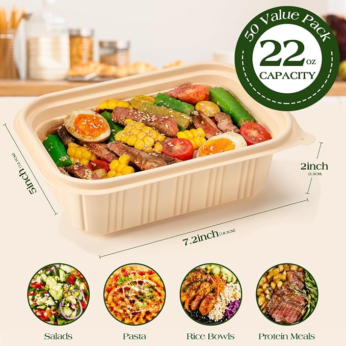 50 Pack (100 Piece) Food Containers with Lids, 22oz Meal Prep Containers Reusable Plant-based Cornstarch Lunch Box BPA Free Small Disposable Take Out Togo Boxes for Salad Microwave & Freezer Safe - Image 7