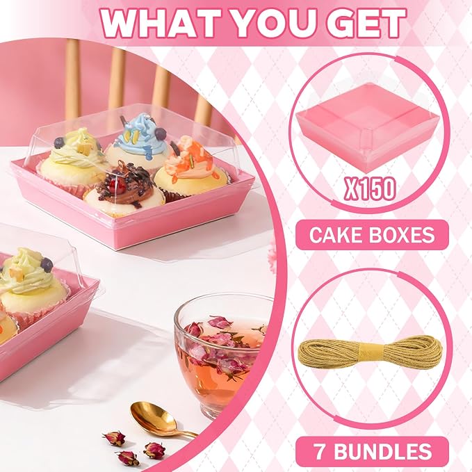 Pink Charcuterie Boxes with Clear Lids - Set of 150, 5.3x4.9x2.5 Disposable Food Containers with Lids, Bakery Boxes for Swiss Roll, Sandwich, Strawberries, Slice Cake, Cookies - Image 5