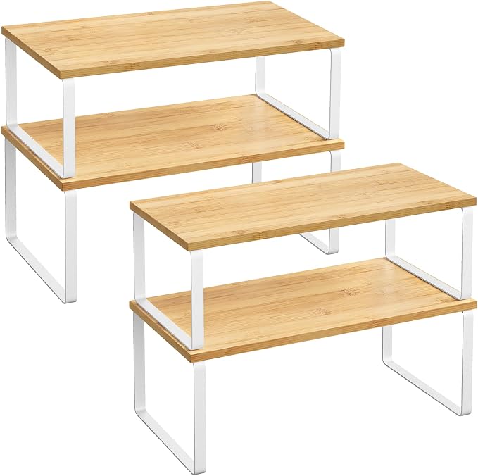 SONGMICS Cabinet Organizer Shelf, Set of 4 Kitchen Counter Shelves, Kitchen Storage, Spice Rack, Stackable, Expandable, Metal and Engineered Wood, Cloud White and Natural Beige UKCS210W01 by Unknown