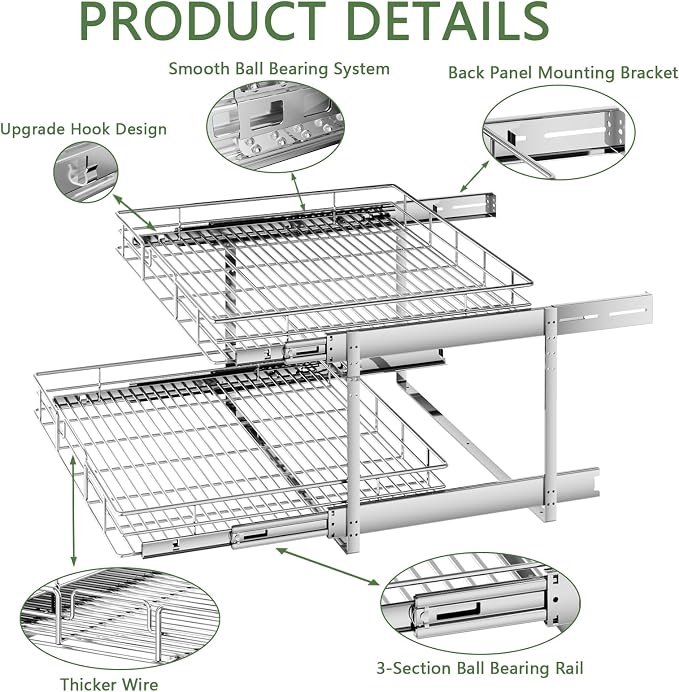 2 Tier Individual Pull Out Cabinet Organizer 31½" W x 21½" D, Heavy Duty Cabinet Pull Out Shelves, Slide Out Drawers Organization for Kitchen Cabinets Bathroom - Image 7
