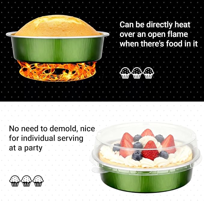 Beasea Mini Disposable Cupcake Pans with Lids, 100 Pack 7.3oz Aluminum Foil Baking Cups Tart Pie Tins, Small Round Tart Containers for Individual Dessert Muffin Cheesecake Quiche - Avocado Green - Image 3