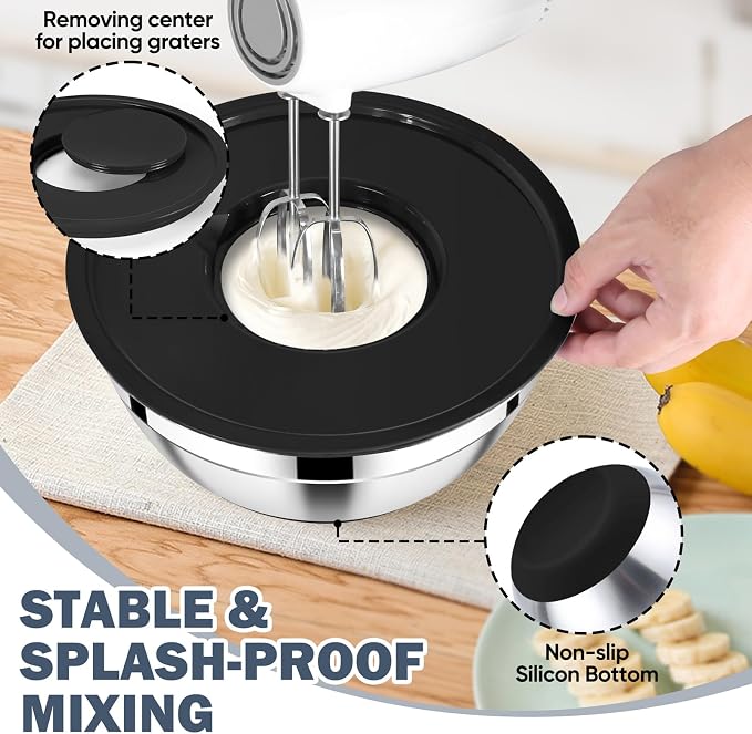 E-far Mixing Bowls with Airtight Lid Set, 25PCS Stainless Steel Nesting Prep Bowls with Grater Attachments Non-Slip Bottoms for Cooking, Baking, Serving, Food Storage, 4.6/2.6/2/1.5/1/0.7QT - Black - Image 4