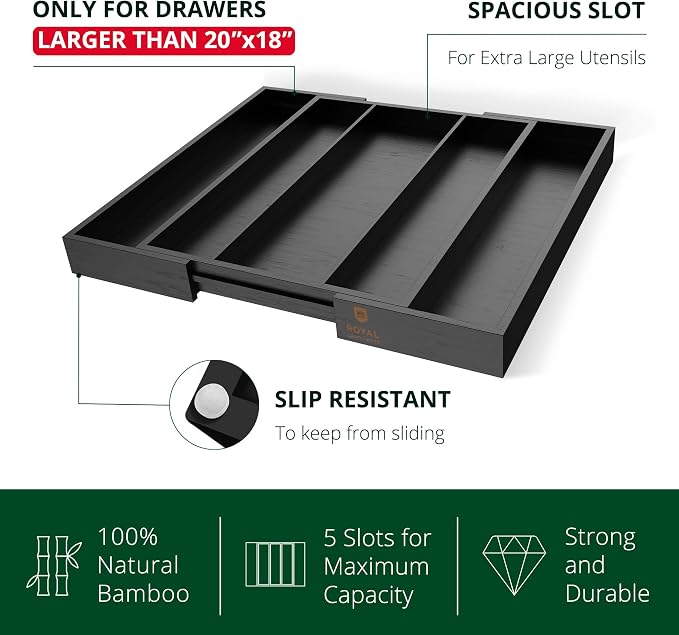 ROYAL CRAFT WOOD Luxury Bamboo Kitchen Drawer Organizer - Silverware Organizer - Utensil Holder and Cutlery Tray with Grooved Drawer Dividers for Flatware and Kitchen Utensils (5 Slot, Black) - Image 5