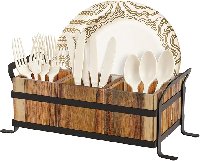 Acacia Wood Silverware Caddy for Party, 4 Compartment | Rustic Wooden Utensil Caddy with Metal Handles, Countertop Cutlery Flatware Organizer Box for Forks, Spoons, Buffet Table by Vorisebo