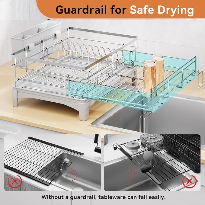 Laveshop Dish Drying Rack, 304 Stainless Steel Expandable Dish Drainer for Kitchen Counter, Space-Saving with Utensil Holder, Gray - Image 4