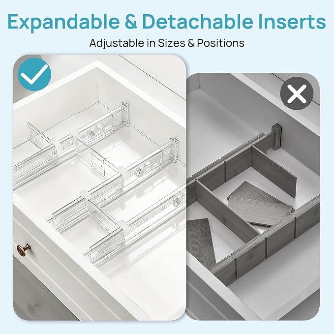 Vtopmart 2.36” Drawer Dividers with Expandable Inserts, 12.8"-22.3" Adjustable Kitchen Drawer Organizer, Clear Plastic Organizer Separator for Flatware, Utensil, Cutlery, 6 Dividers with 10 Inserts - Image 8