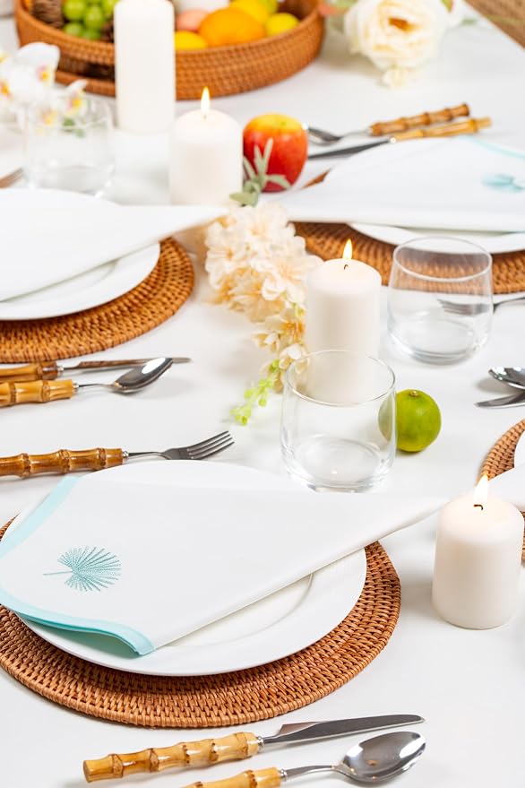 Hofdeco Premium Coastal Cotton Cloth Napkins Set of 4, 20"x20" Washable Dinner for Events, Weddings, Home Use, Muted Aqua Embroidered Palm Leaf - Image 2