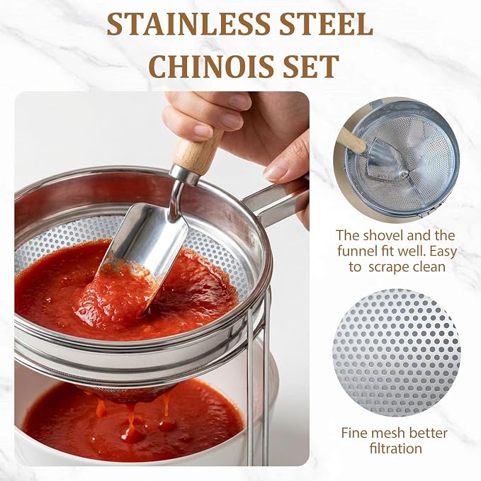 8 inch Stainless Steel Chinois Strainer with Stand, Fine Mesh China Cap Strainer with handle and Pestle for Tomato, Fruit,Soup and Jam Making. - Image 2