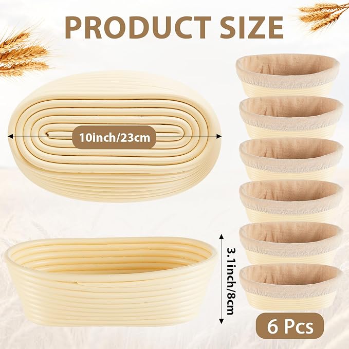 6 Pack Banneton Bread Proofing Basket 10 Inch Oval Rattan Banneton Baskets with Linen Liner Cloth Sourdough Basket Dough Proofing Basket for Professional & Home Sourdough Bread Baking - Image 2
