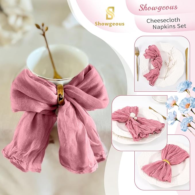 10 Pack Dusty Rose Cheesecloth Napkins 20"x20" Boho Washable Cloth Napkins Set of 10 Wrinkled Cheese Cloth Napkins Gauze Dinner Table Napkin for Wedding Party Baby Shower Birthday Decor - Image 4
