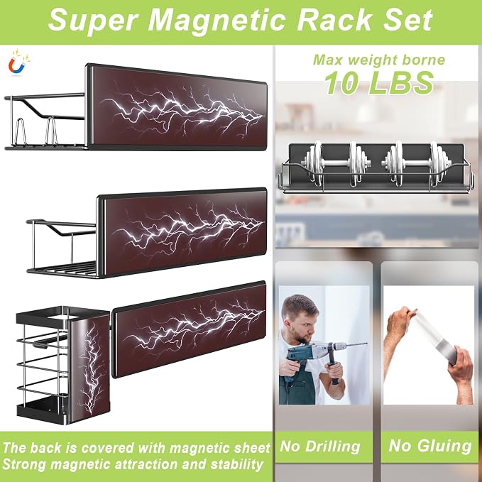 Magnetic Spice Rack for Refrigerator, 6 Pack Strong Magnet Spice Organizer with Paper Towel Holder, Utensil Holder, Moveable Magnetic Fridge Shelf for Kitchen Organization and Storage (Black) - Image 3