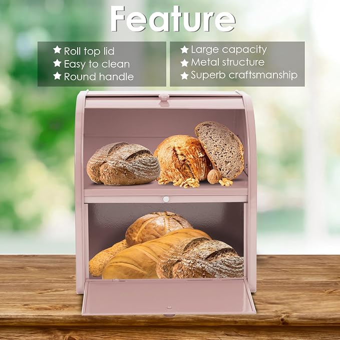 Bread Box, Metal Bread Box For Kitchen Countertop, Bread Storage Container Holds 2 Loaves Of Bread, High Capacity Breadbox, Bread Holder Suit Farmhouse Kitchen Decor For Counter (Pink) - Image 3