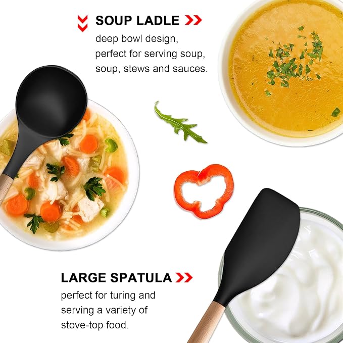 Silicone Cooking Utensils Set of 5, Heat Resistant Silicone Kitchen Utensils Set with Wooden Handle, BPA Free Spatula Spoon Turner Ladle Cooking Kitchen Gadgets for Nonstick Cookware & Baking - Image 6
