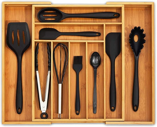 Bamboo Kitchen Drawer Organizer - Expandable Silverware Organizer/Utensil Holder and Cutlery Tray with Grooved Drawer Dividers for Flatware and Kitchen Utensils (9 Slots) by Unknown