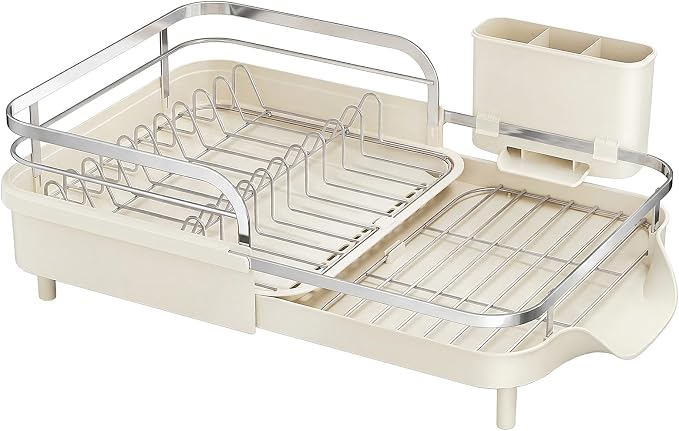 SAYZH Expandable Dish Drying Rack for Small Kitchen Counter, Beige | Stainless Steel, Protective Guardrail, Angled Drainboard, Fits High-Rim Sinks, Removable Utensil Holder by SAYZH