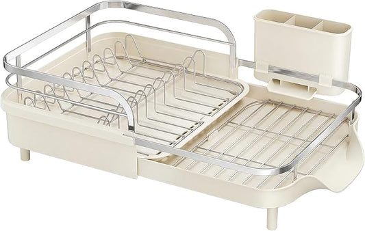 SAYZH Expandable Dish Drying Rack for Small Kitchen Counter, Beige | Stainless Steel, Protective Guardrail, Angled Drainboard, Fits High-Rim Sinks, Removable Utensil Holder by SAYZH