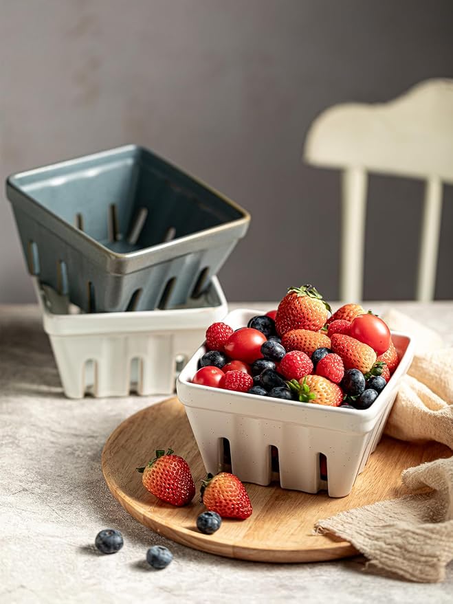Gomakren Fruit Bowl with Holes, Ceramic Berry Basket Set of 2, 5.7 Inch Square Fruit Basket for Kitchen Counter, Rustic Berry Containers, Farmhouse Kitchen Decor - Cream White - Image 7