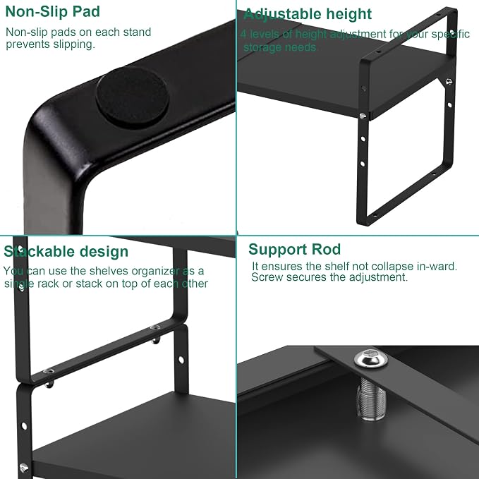 Expandable Cabinet Storage Shelf Organizer Rack, Heavy Duty Cupboard Stand Spice Rack Adjustable Height Pantry Garage Shelf Space Riser for Counter Kitchen Organization, Black, 1 Pack - Image 6