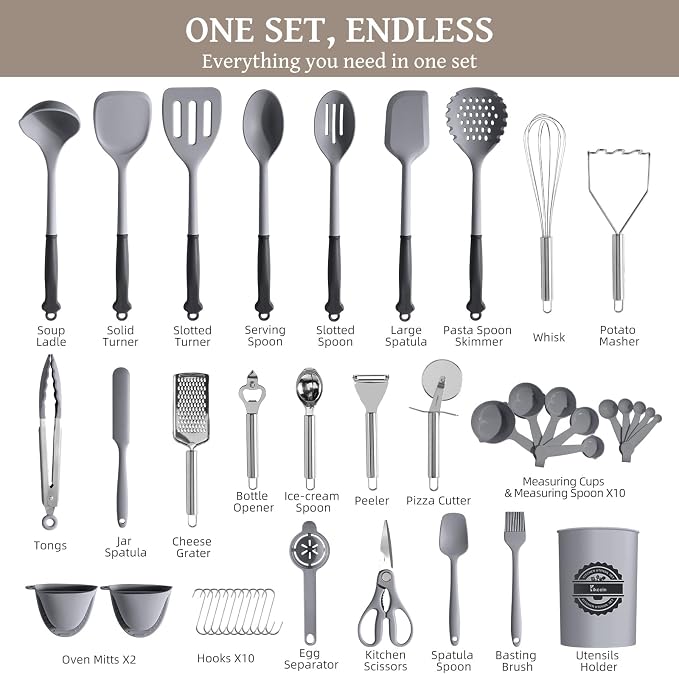 Kikcoin 43 PCS Silicone Kitchen Utensils Set, Dishwasher Safe Kitchen Cooking Utensils Set, 446°F Spatulas Silicone Heat Resistant, Non Toxic Silicone Utensils Set With Two-Tone Grip Handles, Gray - Image 2